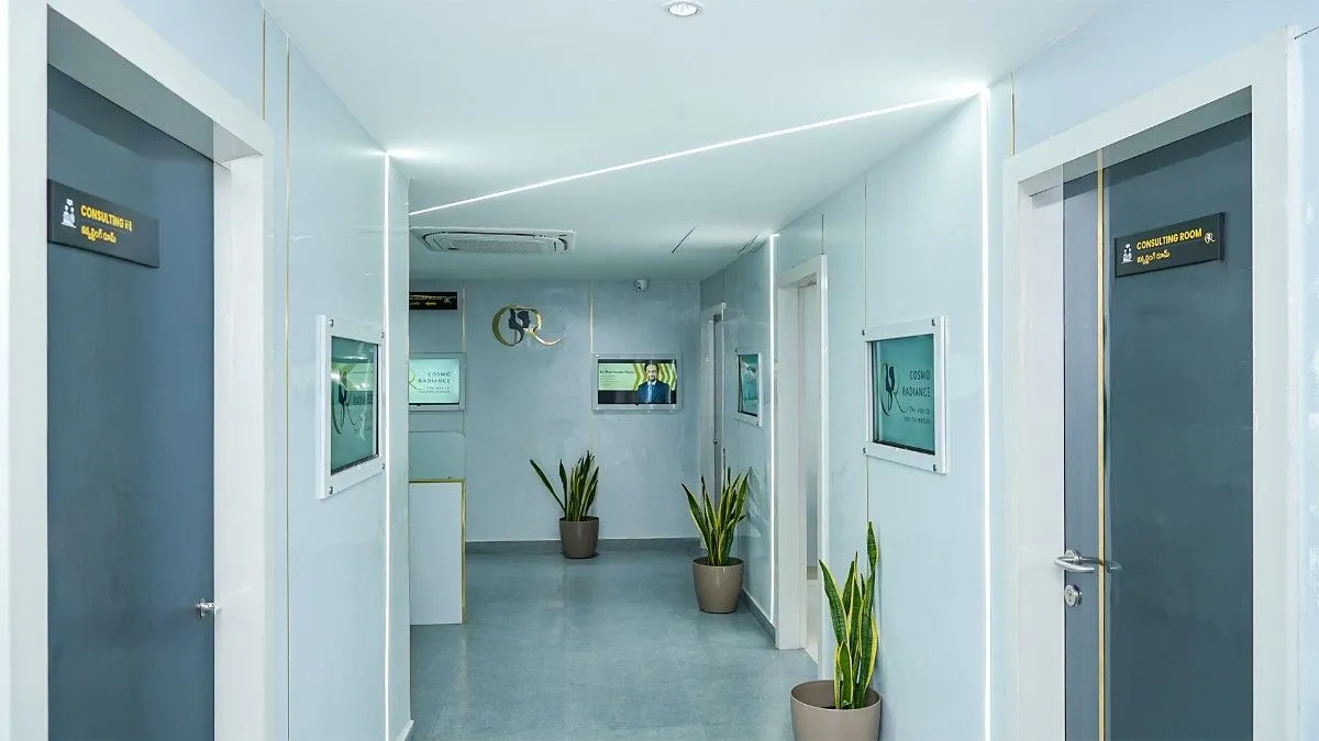 Brightly lit modern clinic corridor