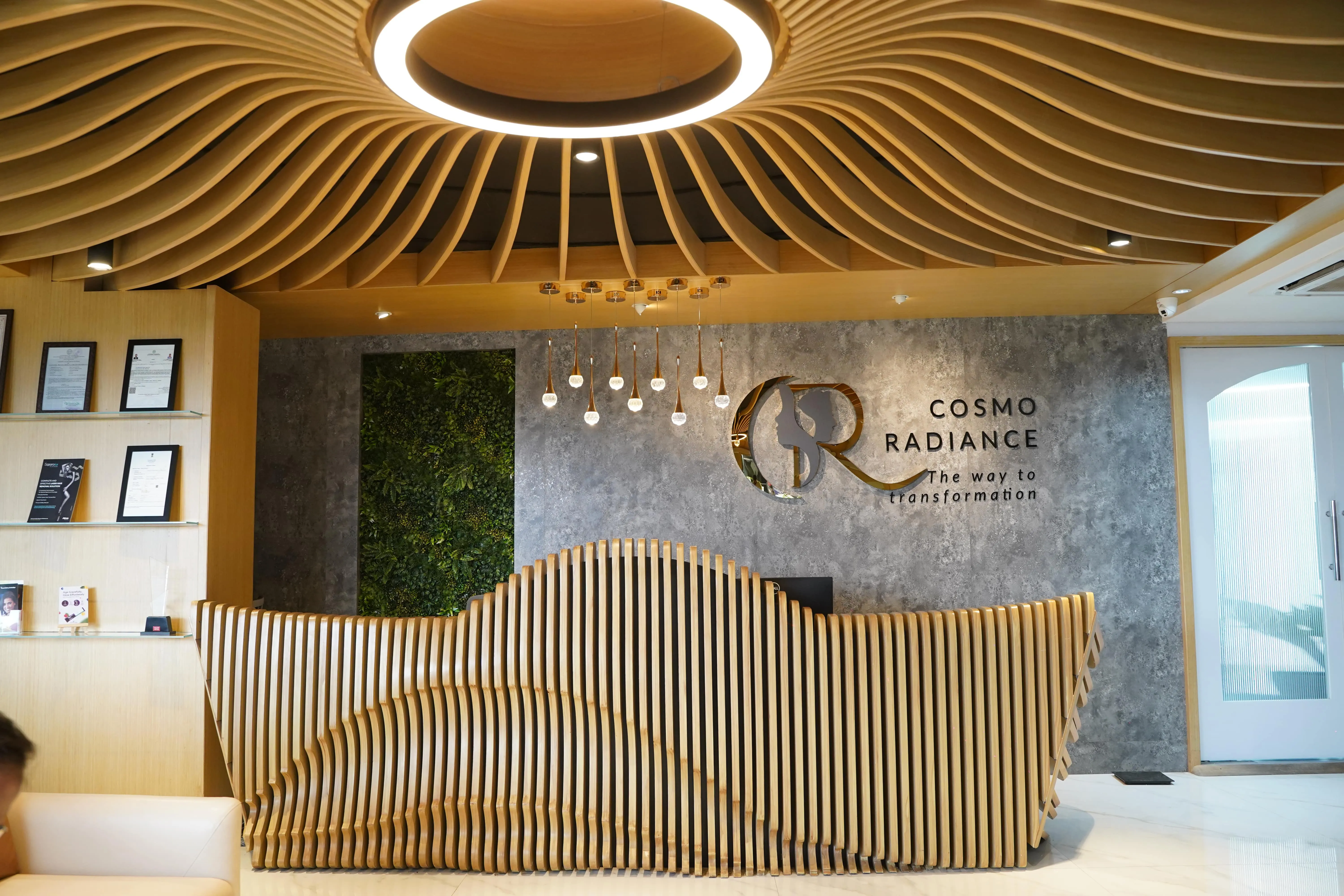 Front reception desk at Cosmo Radiance featuring custom parametric design