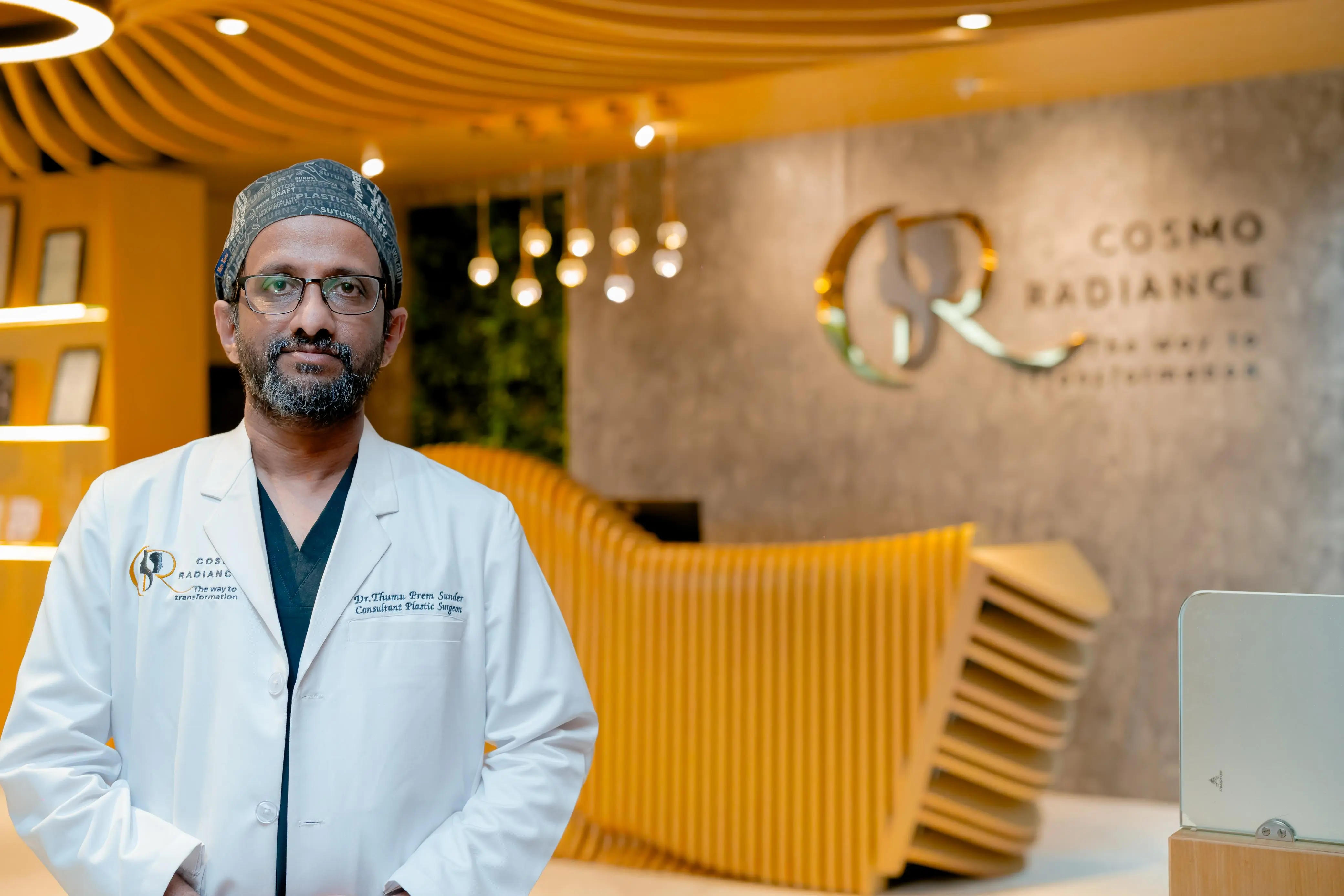 Dr. Prem Sunder Thumu at Cosmo Radiance, India's largest integrated aesthetics and longevity center in Hyderabad featuring VASER Lipo, Class-100 OTs, and In-House Metabolic Lab.
